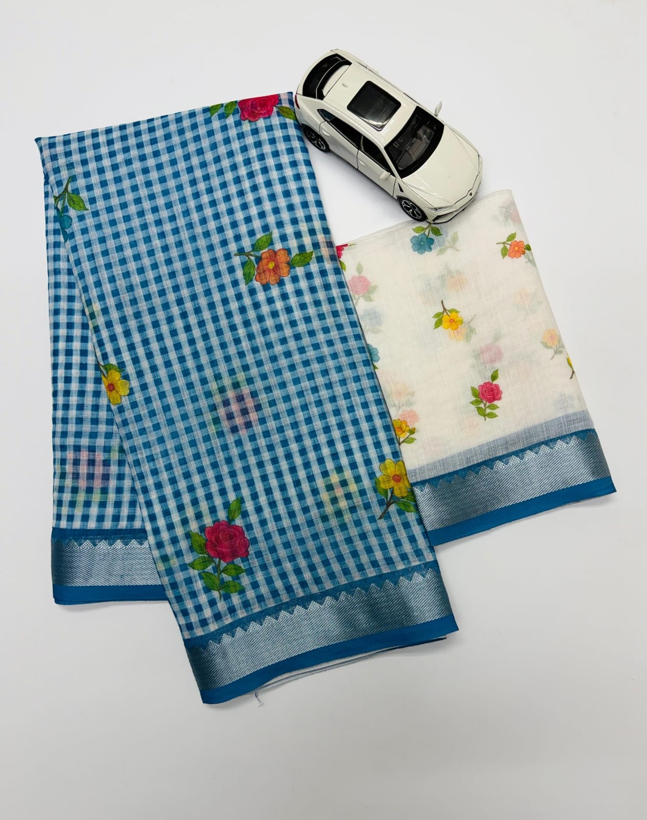 Soft Linen Saree with Mangalagiri Border & Digital Print | Elegant Traditional Wear Saree