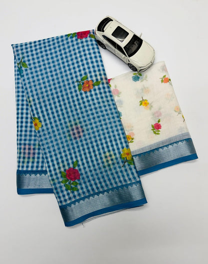 Soft Linen Saree with Mangalagiri Border & Digital Print | Elegant Traditional Wear Saree