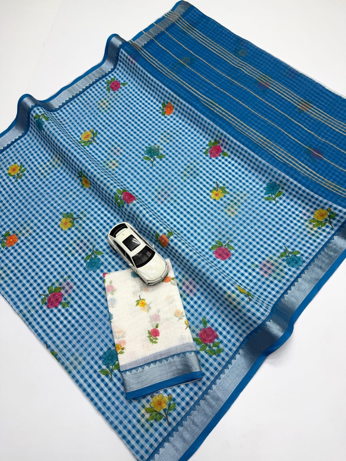 Soft Linen Saree with Mangalagiri Border & Digital Print | Elegant Traditional Wear Saree