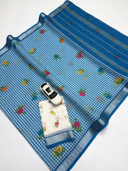 Soft Linen Saree with Mangalagiri Border & Digital Print | Elegant Traditional Wear Saree