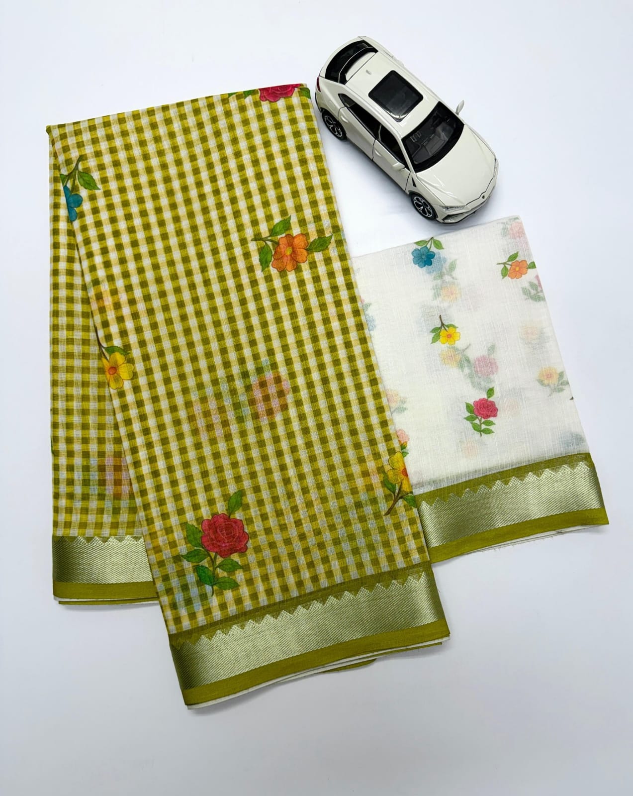 Soft Linen Saree with Mangalagiri Border & Digital Print | Elegant Traditional Wear Saree