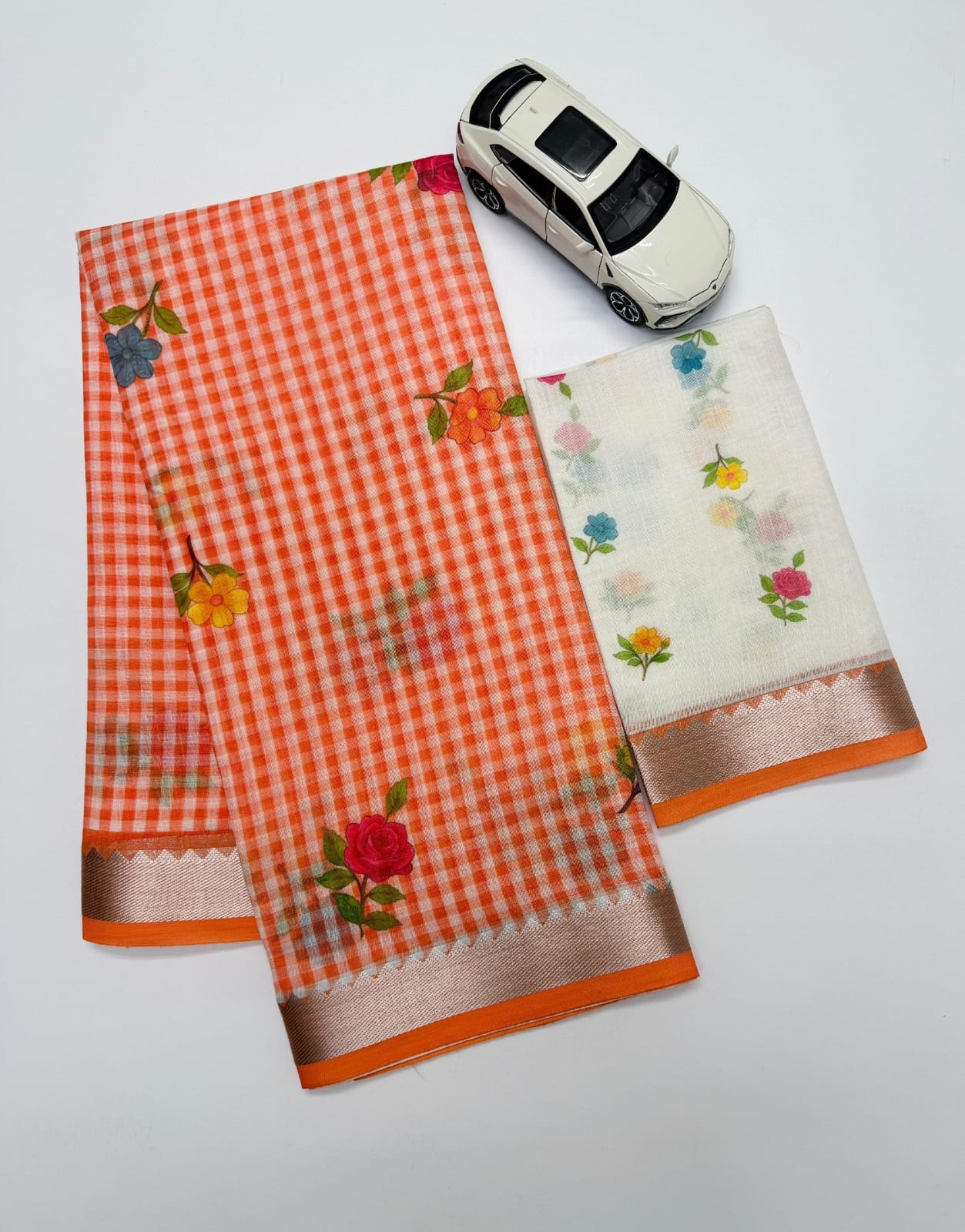 Soft Linen Saree with Mangalagiri Border & Digital Print | Elegant Traditional Wear Saree