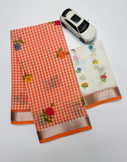Soft Linen Saree with Mangalagiri Border & Digital Print | Elegant Traditional Wear Saree