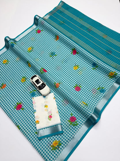 Soft Linen Saree with Mangalagiri Border & Digital Print | Elegant Traditional Wear Saree