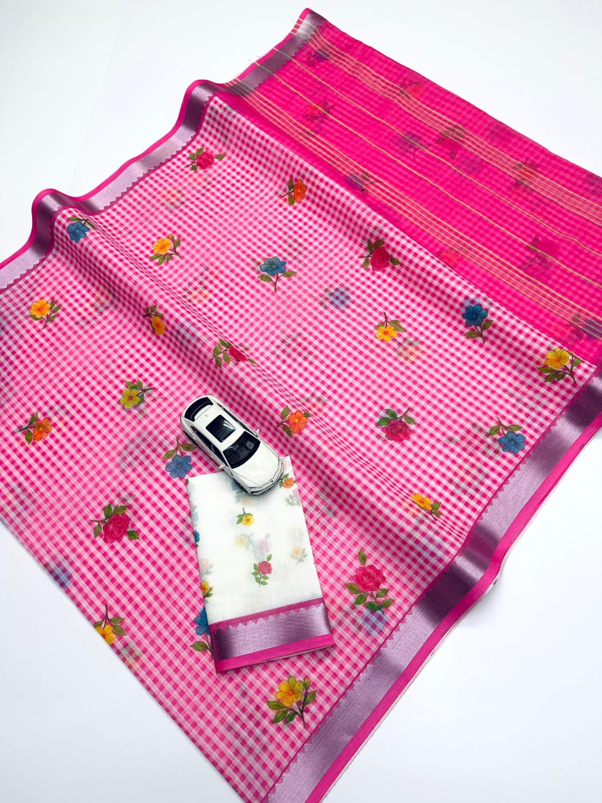 Soft Linen Saree with Mangalagiri Border & Digital Print | Elegant Traditional Wear Saree