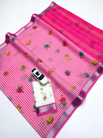 Soft Linen Saree with Mangalagiri Border & Digital Print | Elegant Traditional Wear Saree