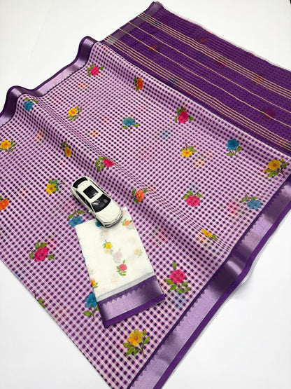Soft Linen Saree with Mangalagiri Border & Digital Print | Elegant Traditional Wear Saree
