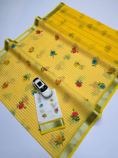 Soft Linen Saree with Mangalagiri Border & Digital Print | Elegant Traditional Wear Saree