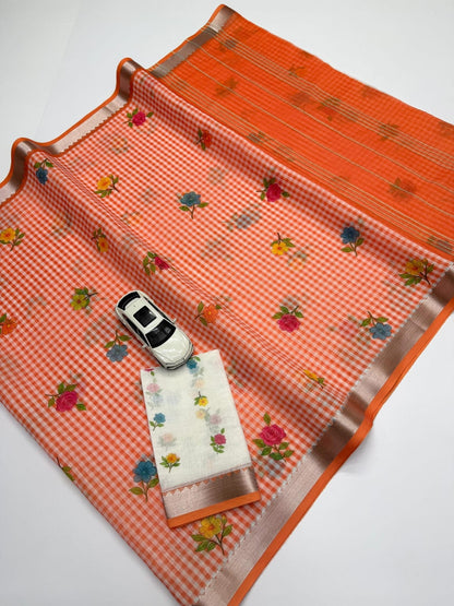 Soft Linen Saree with Mangalagiri Border & Digital Print | Elegant Traditional Wear Saree
