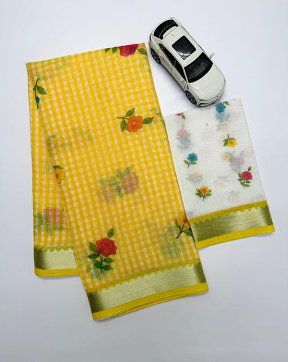 Soft Linen Saree with Mangalagiri Border & Digital Print | Elegant Traditional Wear Saree