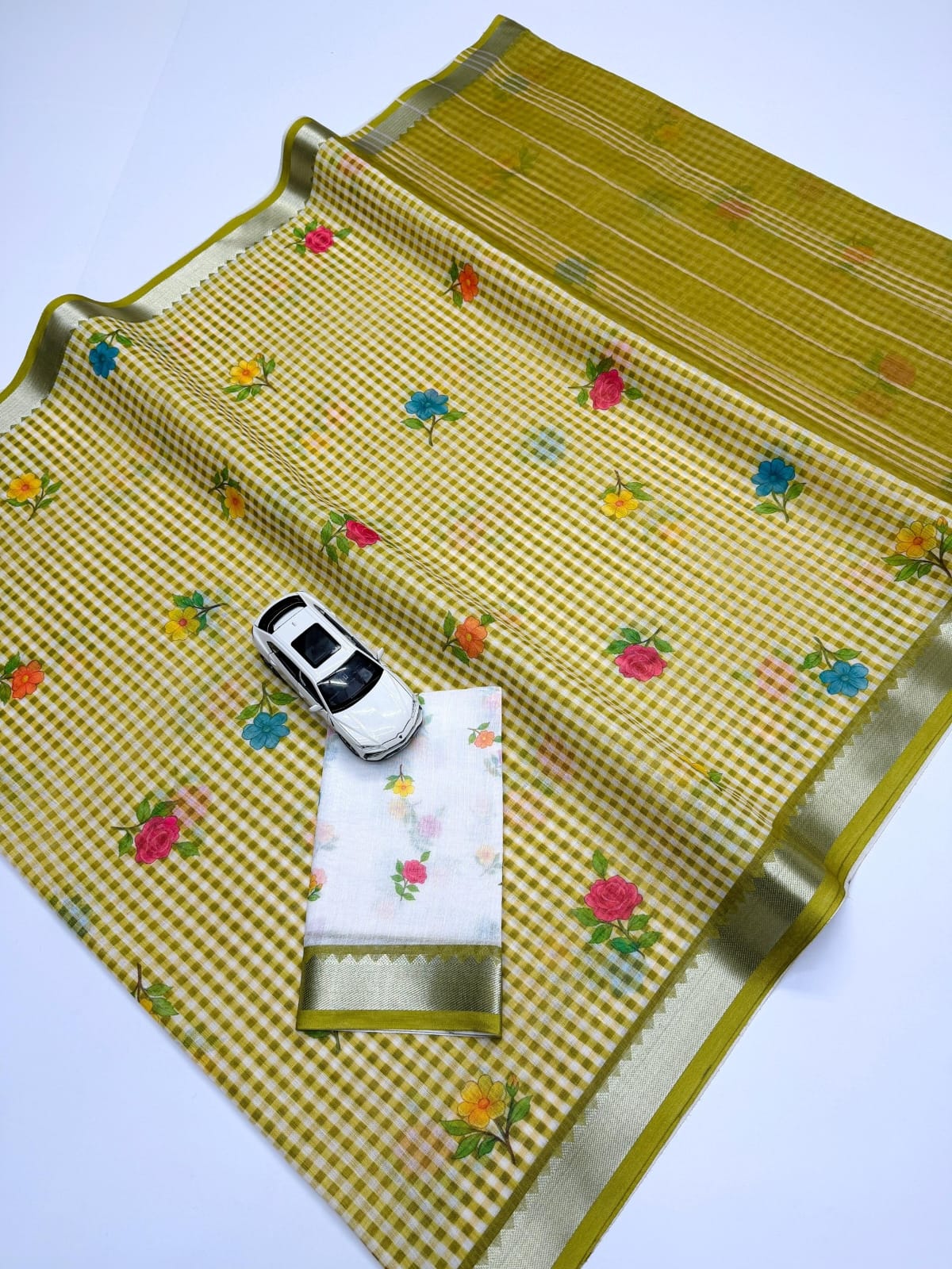 Soft Linen Saree with Mangalagiri Border & Digital Print | Elegant Traditional Wear Saree
