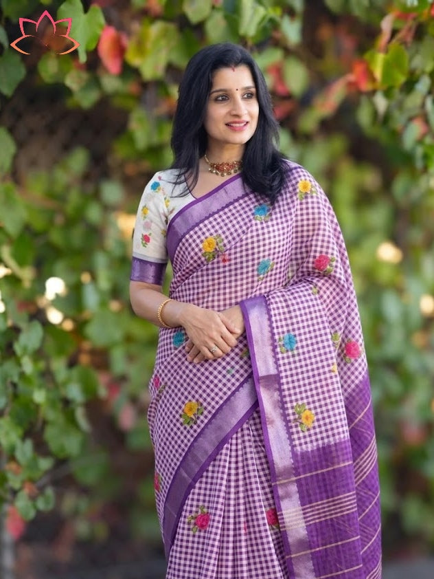 Soft Linen Saree with Mangalagiri Border & Digital Print | Elegant Traditional Wear Saree