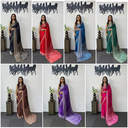 Japan Satin Silk Saree with Heavy Mirror Work | Party Wear & Festive Saree