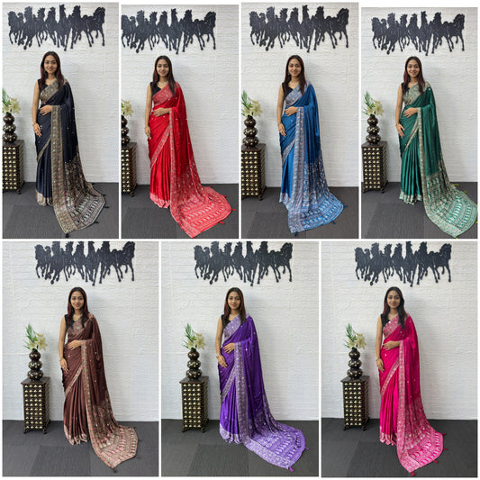 Japan Satin Silk Saree with Heavy Mirror Work | Party Wear & Festive Saree