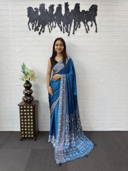 Japan Satin Silk Saree with Heavy Mirror Work | Party Wear & Festive Saree