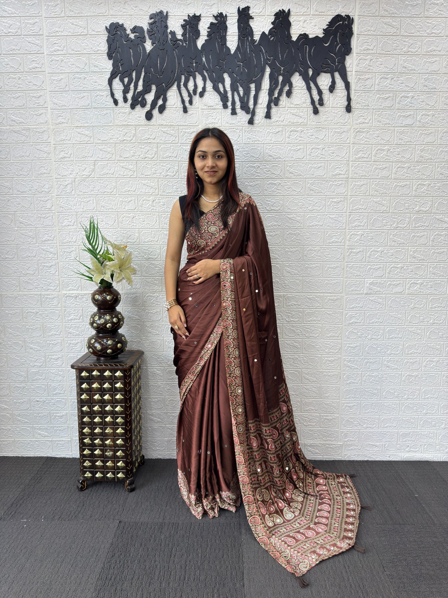 Japan Satin Silk Saree with Heavy Mirror Work | Party Wear & Festive Saree