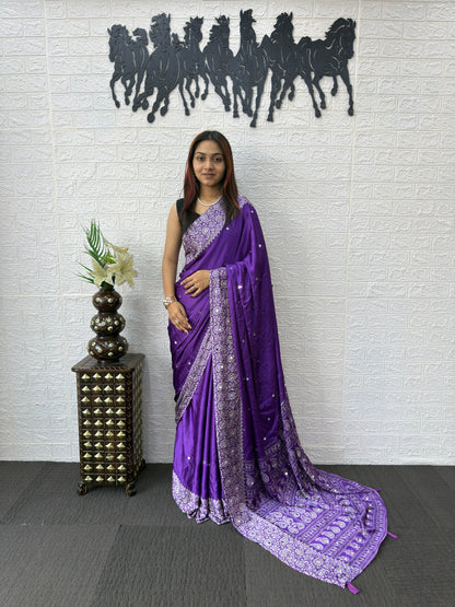 Japan Satin Silk Saree with Heavy Mirror Work | Party Wear & Festive Saree