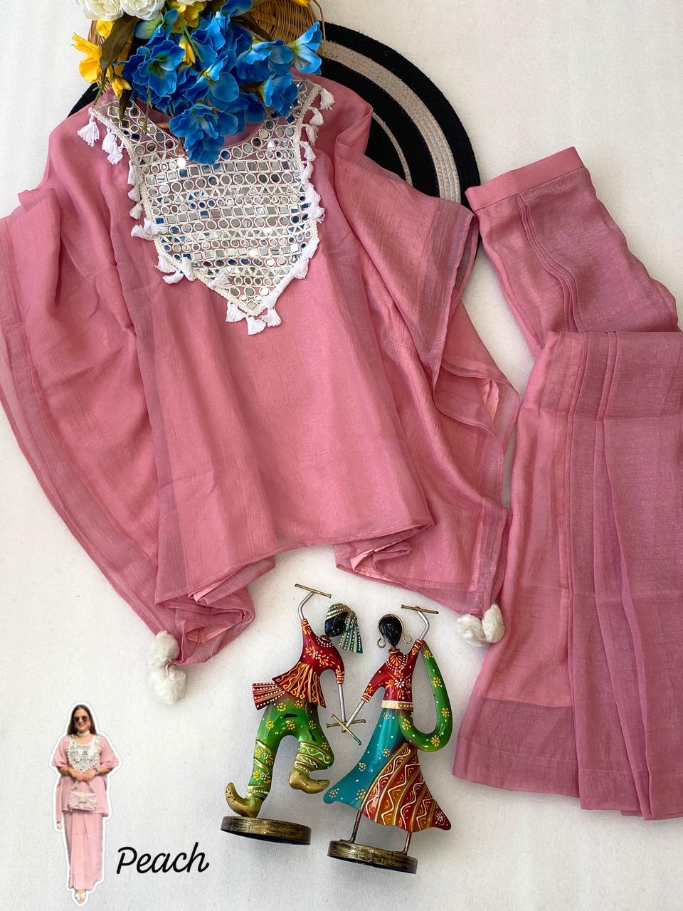 Designer Glass Crushed Shimmer Silk Lungi Style Co-Ord Set with Mirror Work | Festive Wear 2-Piece Dress for Women