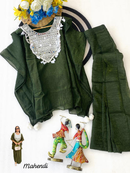 Designer Glass Crushed Shimmer Silk Lungi Style Co-Ord Set with Mirror Work | Festive Wear 2-Piece Dress for Women