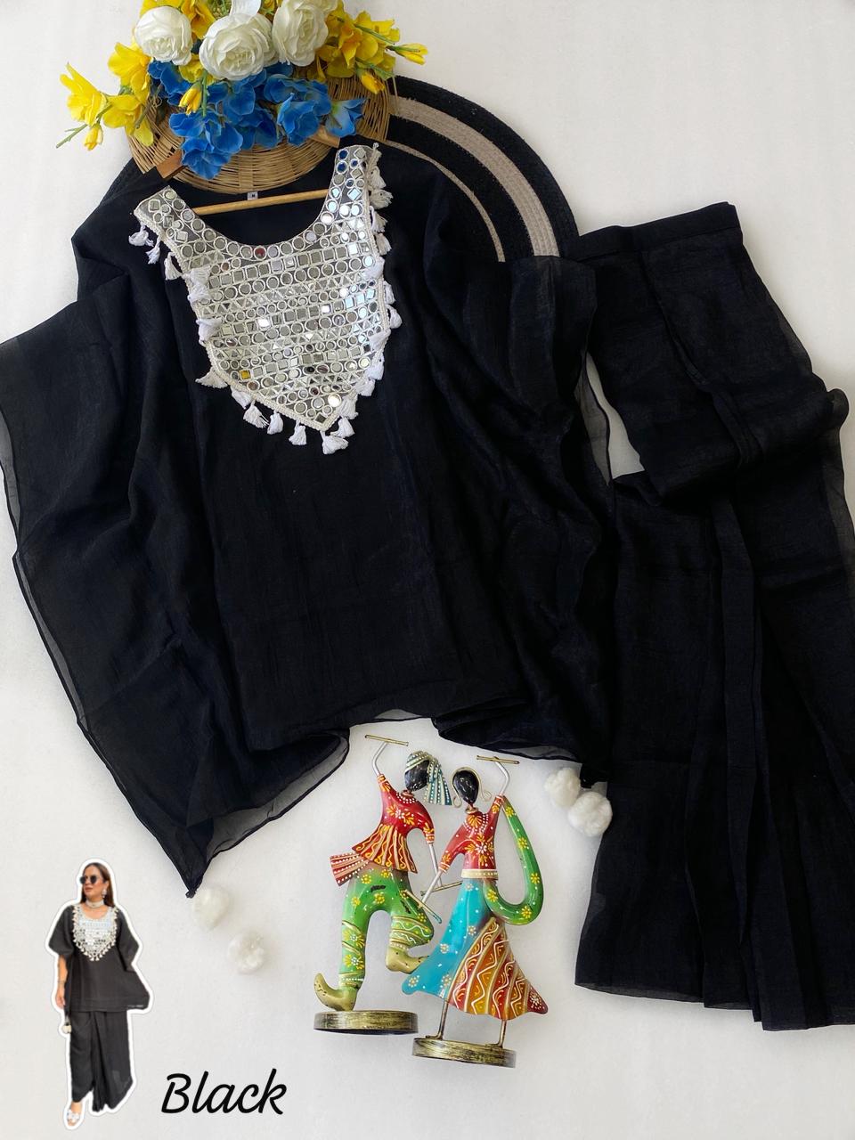 Designer Glass Crushed Shimmer Silk Lungi Style Co-Ord Set with Mirror Work | Festive Wear 2-Piece Dress for Women