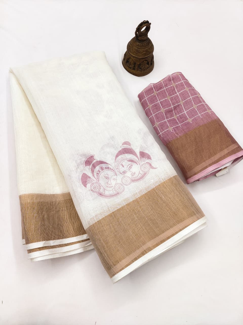 Onam Special Linen Saree with Gold Jari Border & Digital Print | Traditional Kerala Style Saree