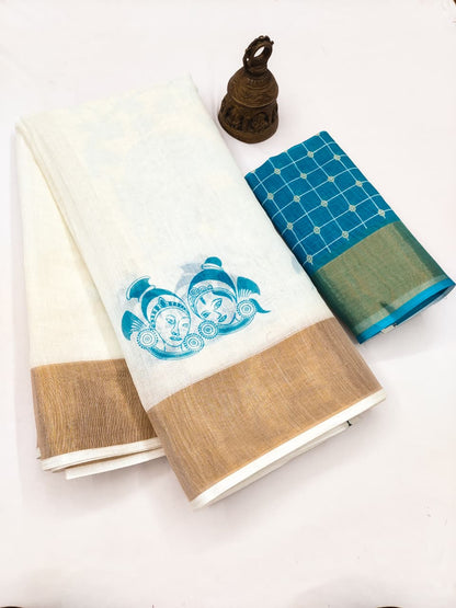 Onam Special Linen Saree with Gold Jari Border & Digital Print | Traditional Kerala Style Saree