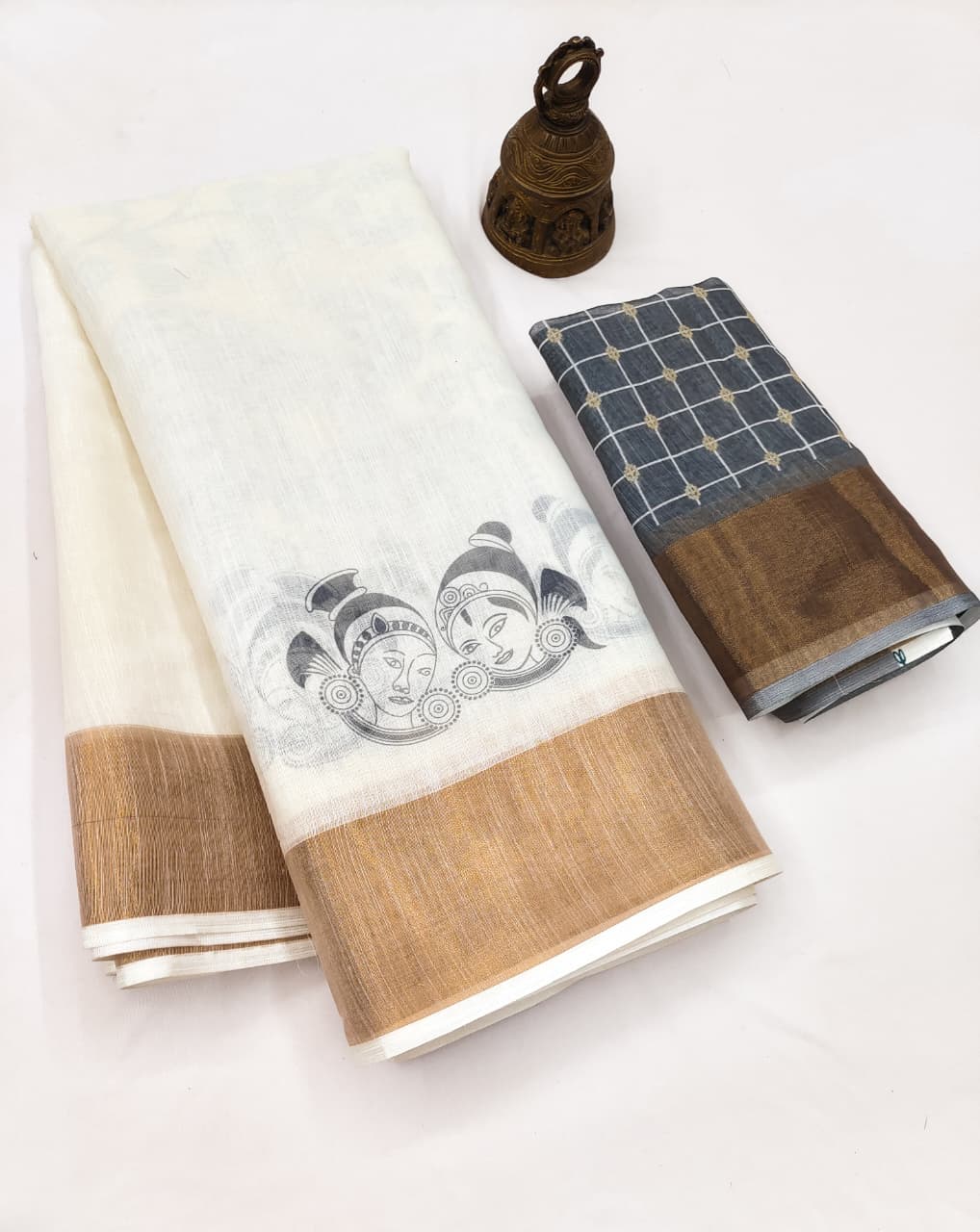 Onam Special Linen Saree with Gold Jari Border & Digital Print | Traditional Kerala Style Saree