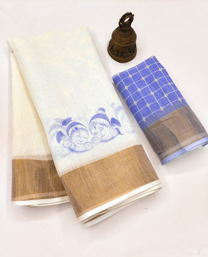 Onam Special Linen Saree with Gold Jari Border & Digital Print | Traditional Kerala Style Saree