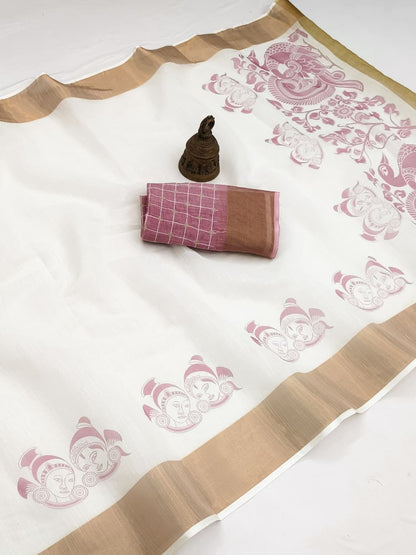 Onam Special Linen Saree with Gold Jari Border & Digital Print | Traditional Kerala Style Saree