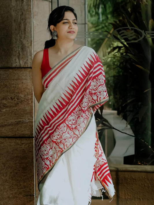 Soft Linen Saree with Gold Zari Border & Digital Print | Elegant Festive Wear Saree