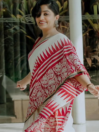Soft Linen Saree with Gold Zari Border & Digital Print | Elegant Festive Wear Saree