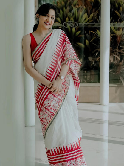 Soft Linen Saree with Gold Zari Border & Digital Print | Elegant Festive Wear Saree