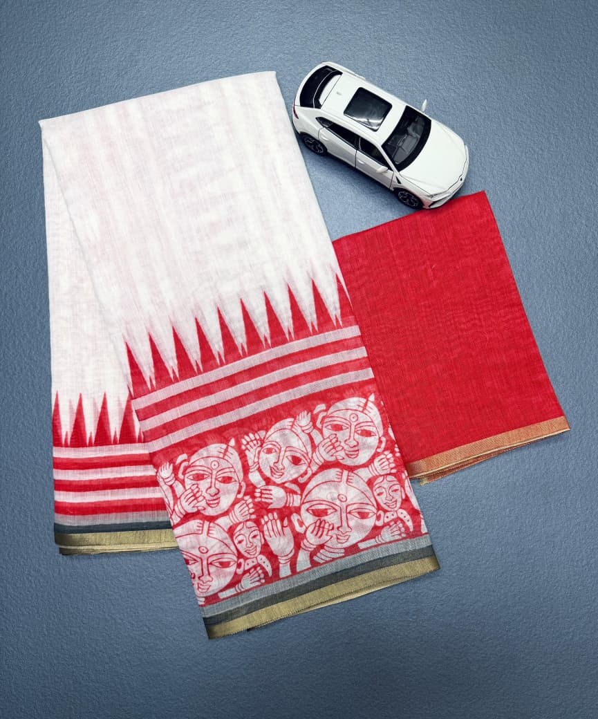 Soft Linen Saree with Gold Zari Border & Digital Print | Elegant Festive Wear Saree