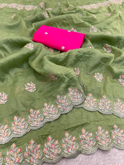 Soft Gold Crush Silk Saree with Multi Thread Embroidery Work & Mono Silk Butti Blouse – Budget Party Wear Saree for Women