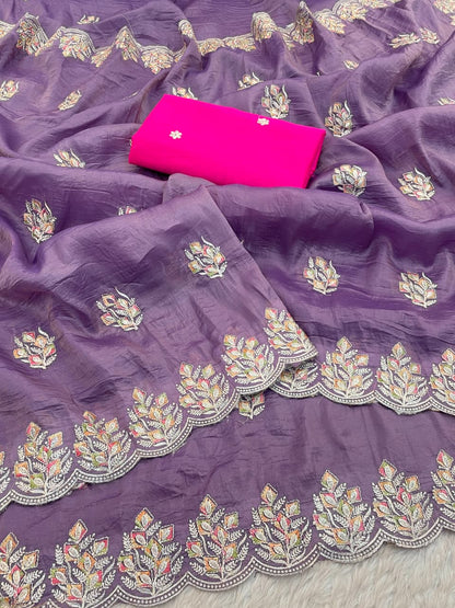 Soft Gold Crush Silk Saree with Multi Thread Embroidery Work & Mono Silk Butti Blouse – Budget Party Wear Saree for Women