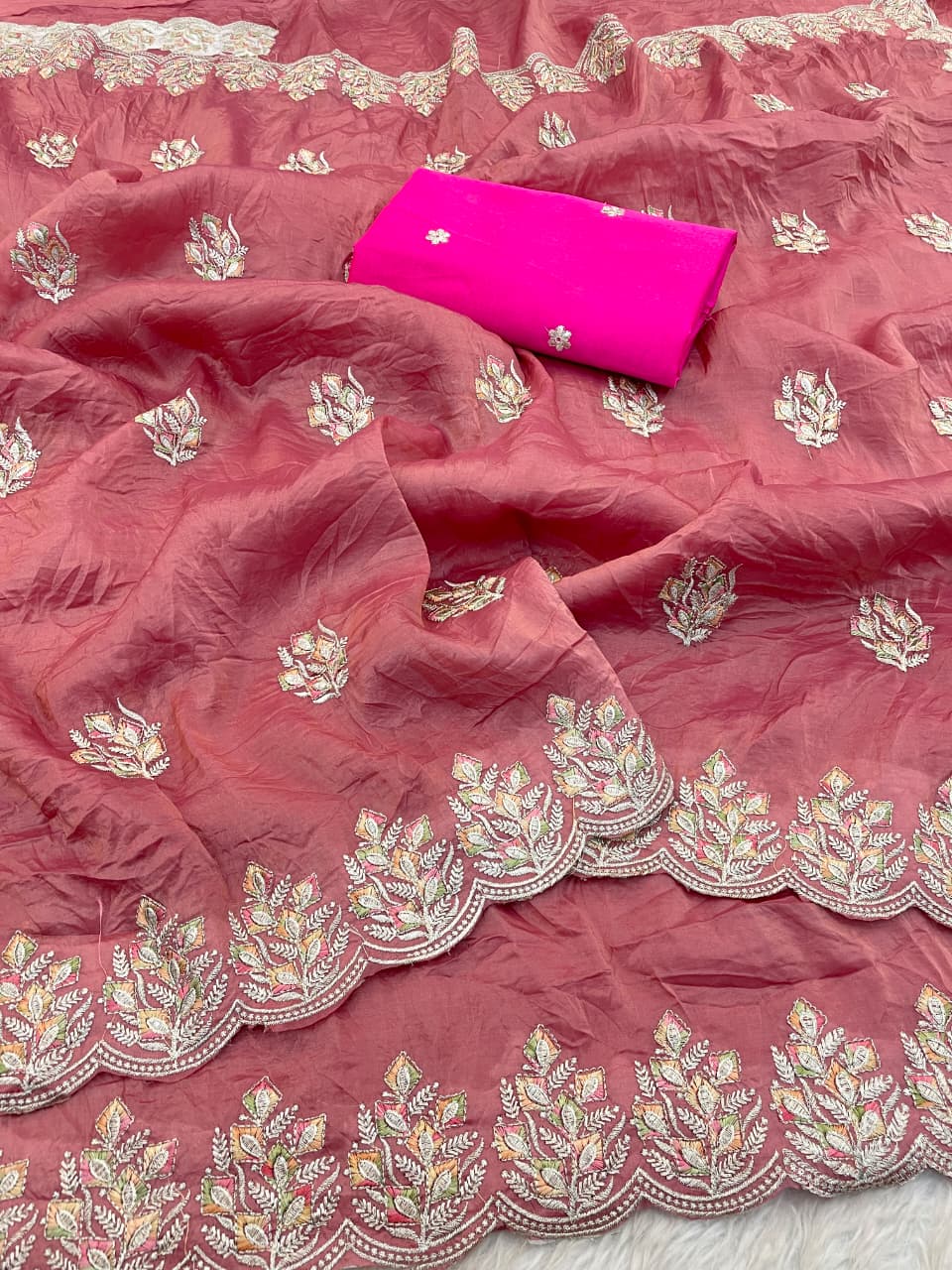 Soft Gold Crush Silk Saree with Multi Thread Embroidery Work & Mono Silk Butti Blouse – Budget Party Wear Saree for Women