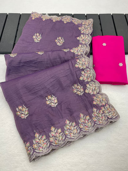 Soft Gold Crush Silk Saree with Multi Thread Embroidery Work & Mono Silk Butti Blouse – Budget Party Wear Saree for Women