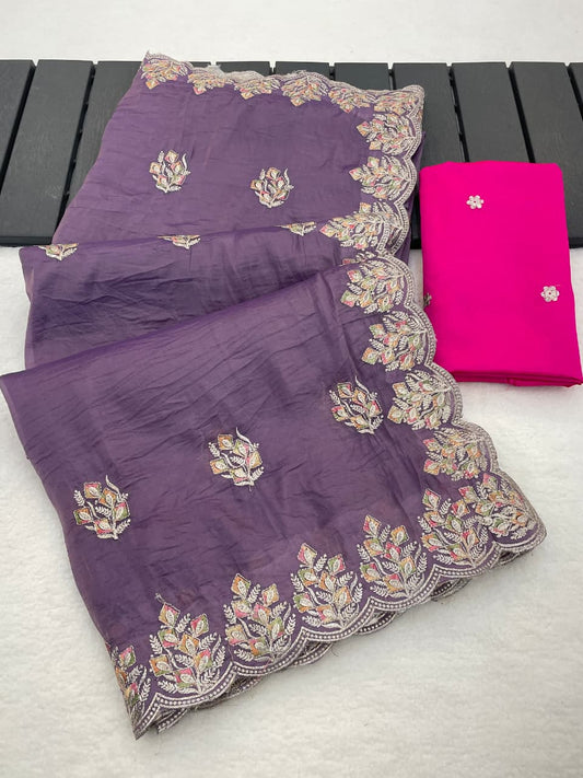 Soft Gold Crush Silk Saree with Multi Thread Embroidery Work & Mono Silk Butti Blouse – Budget Party Wear Saree for Women