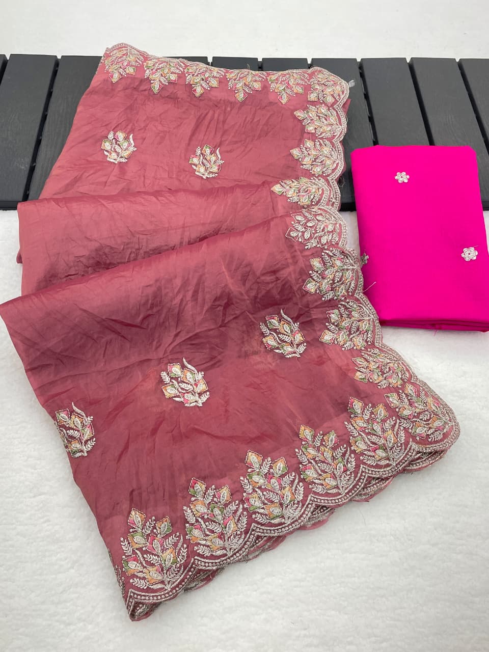 Soft Gold Crush Silk Saree with Multi Thread Embroidery Work & Mono Silk Butti Blouse – Budget Party Wear Saree for Women