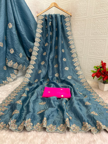 Soft Gold Crush Silk Saree with Multi Thread Embroidery Work & Mono Silk Butti Blouse – Budget Party Wear Saree for Women