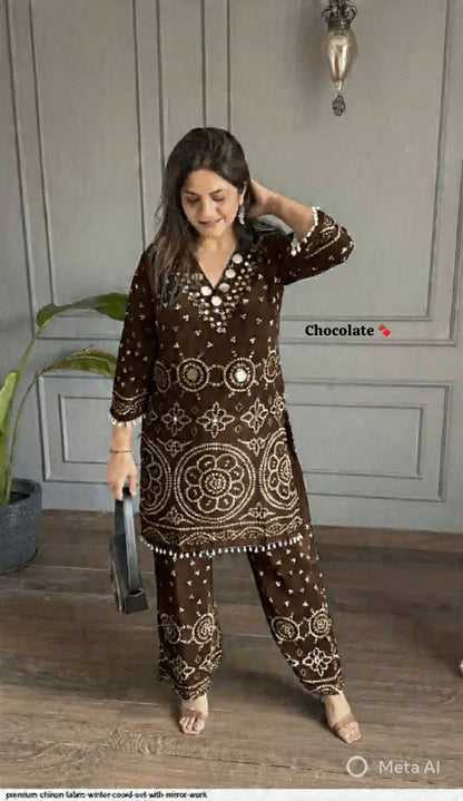 Designer Chinon Silk Co-Ord Set with Hand Embroidery for Women