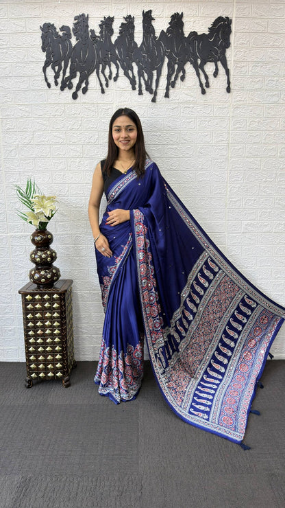 Japan Satin Silk Mirror Work Saree | Party Wear Saree