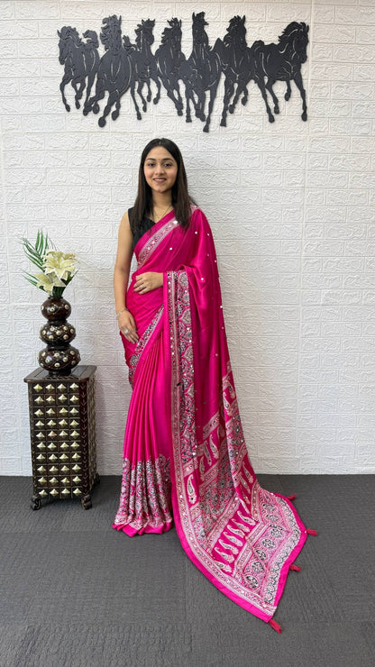 Japan Satin Silk Mirror Work Saree | Party Wear Saree