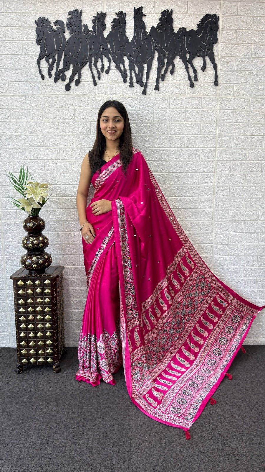 Japan Satin Silk Mirror Work Saree | Party Wear Saree