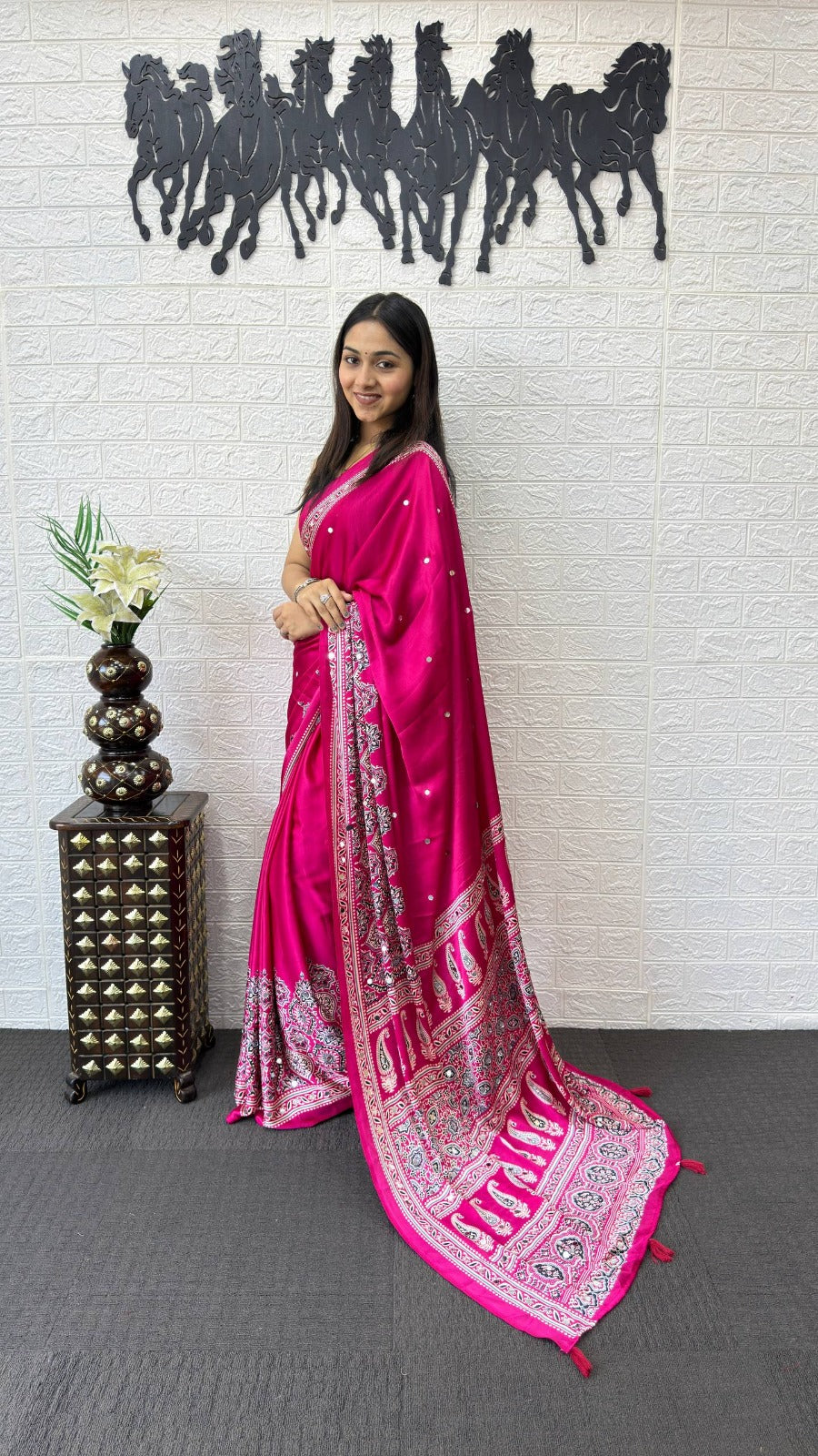 Japan Satin Silk Mirror Work Saree | Party Wear Saree