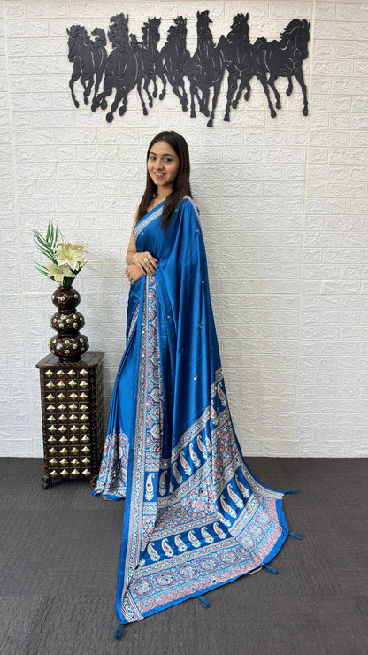 Japan Satin Silk Mirror Work Saree | Party Wear Saree