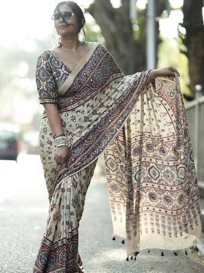 Premium Japan Satin Silk Mirror Work Saree | Black & Off White Party Wear Saree