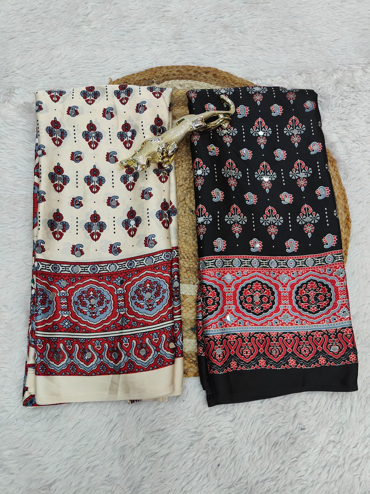 Premium Japan Satin Silk Mirror Work Saree | Black & Off White Party Wear Saree