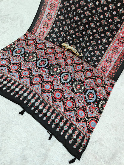 Premium Japan Satin Silk Mirror Work Saree | Black & Off White Party Wear Saree