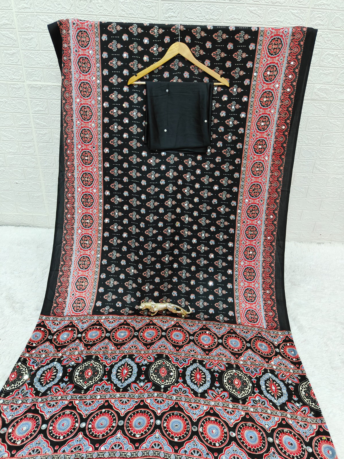 Premium Japan Satin Silk Mirror Work Saree | Black & Off White Party Wear Saree